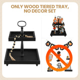 Tiered Tray Stand, Rustic Wooden 2 Tier Decorative Tray with Bead Garland, Farmhouse Square Wood Serving Tray Counter Centerpiece for Coffee Bar Home Decor Holiday Holloween Housewarming Gifts (Black) SYNCVIBE