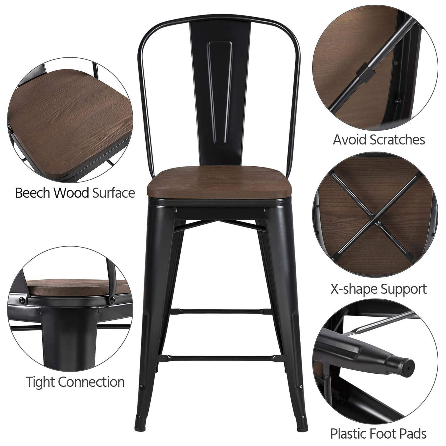 Yaheetech 24Inch Seat Height Dining Stools Chairs with Wood Seat/Top and High Backrest, Industrial Metal Counter Height Stool, Modern Kitchen Dining Bar Chairs Rustic, Black, Set of 4