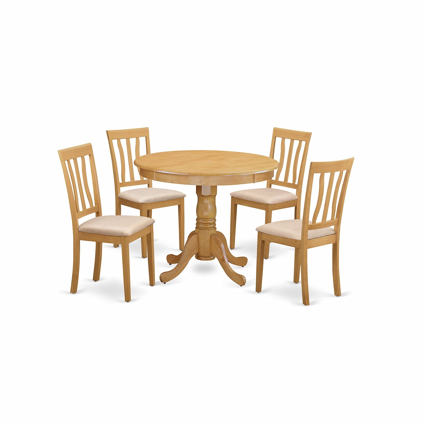 East West Furniture Antique 5 Piece Room Set Includes a Round Wooden Table with Pedestal and 4 Linen Fabric Kitchen Dining Chairs, 36x36 Inch, ANTI5-OAK-C - WoodArtSupply