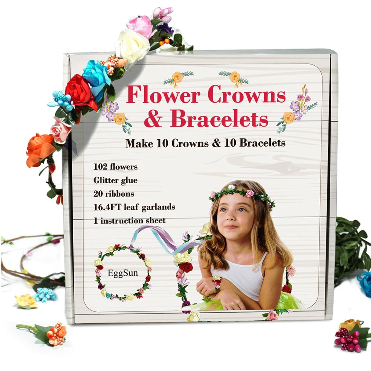 EggSun Flower Crown Making Kit for Girls Kids Gift Women Tea Party Craft Bracelet DIY Fairy Flower Crown Kit Kids Birthday Gift Floral Hair Arts Crafts Spring Easter Gift for Girls 5 6 7 12 Year Old EggSun
