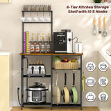 3IngSeagulls Bakers Rack with Power Outlet, Kitchen Microwave Stand with 10 S-Shaped Hooks, 6-Tier Coffee Bar Station, Kitchen Storage Shelf Rack for Spices, Pots, Rustic Brown 3IngSeagulls