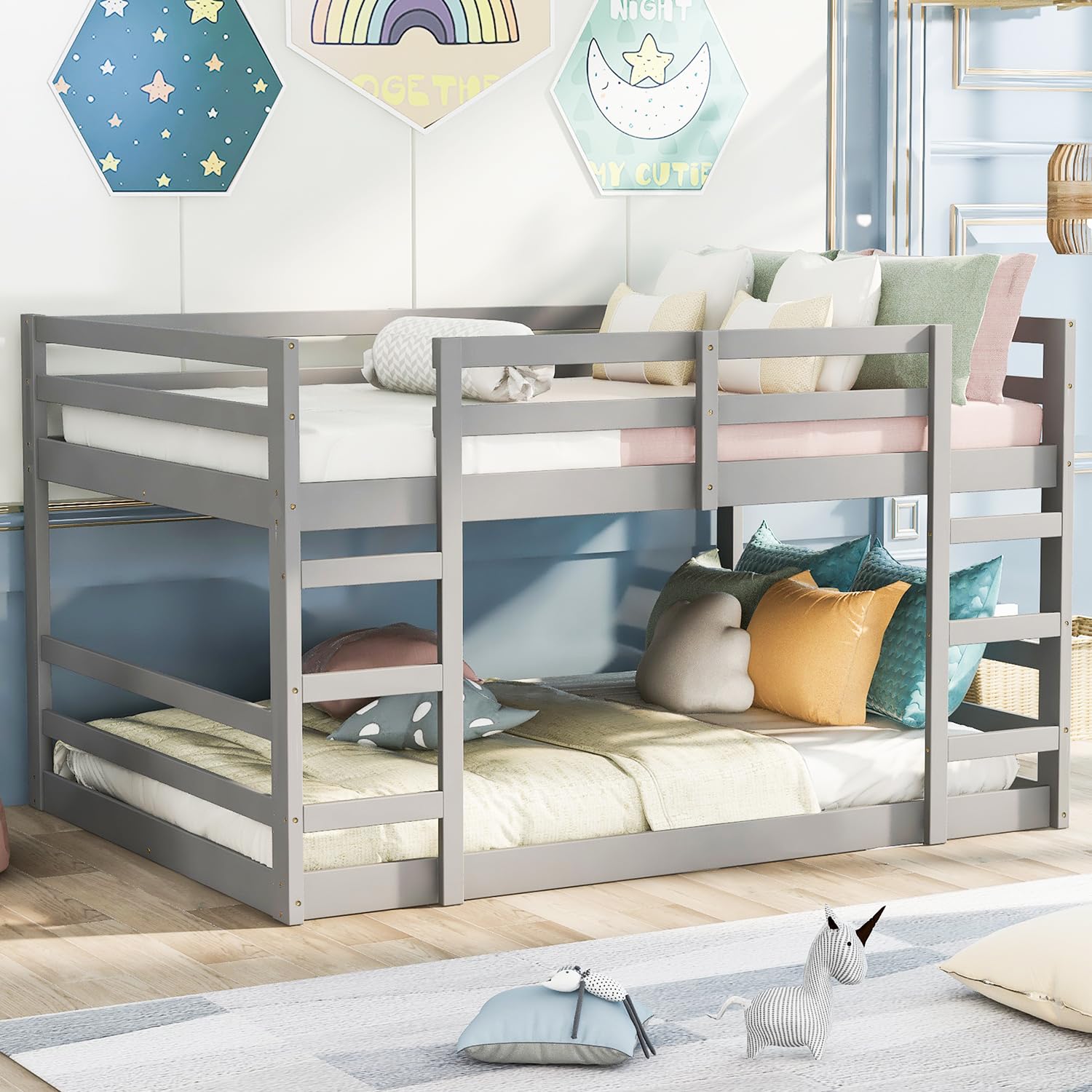 Low Profile Full Over Full Bunk Bed Frame with Ladder - Solid Wood Design in Grey for Kids and Teens - WoodArtSupply