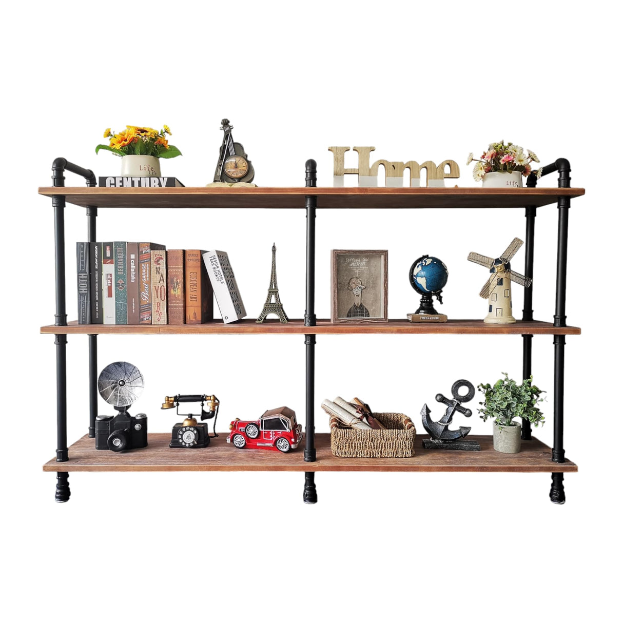 Anynice 3 Tier Industrial Long Bookshelf, Entryway Industrial Metal Bookcase (Weathered Brown, 60" L x 11.8" W x 39" H) Anynice
