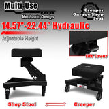 FreekyFit Mechanic Stool with Wheels, Hydraulic Adjustable Shop Stool on Wheels, Garage Work Rolling Stool Chair for Workshop, 400 LBS Capacity, 4 Inch Casters, 360° Swivel Padded Seat, Black FreekyFit