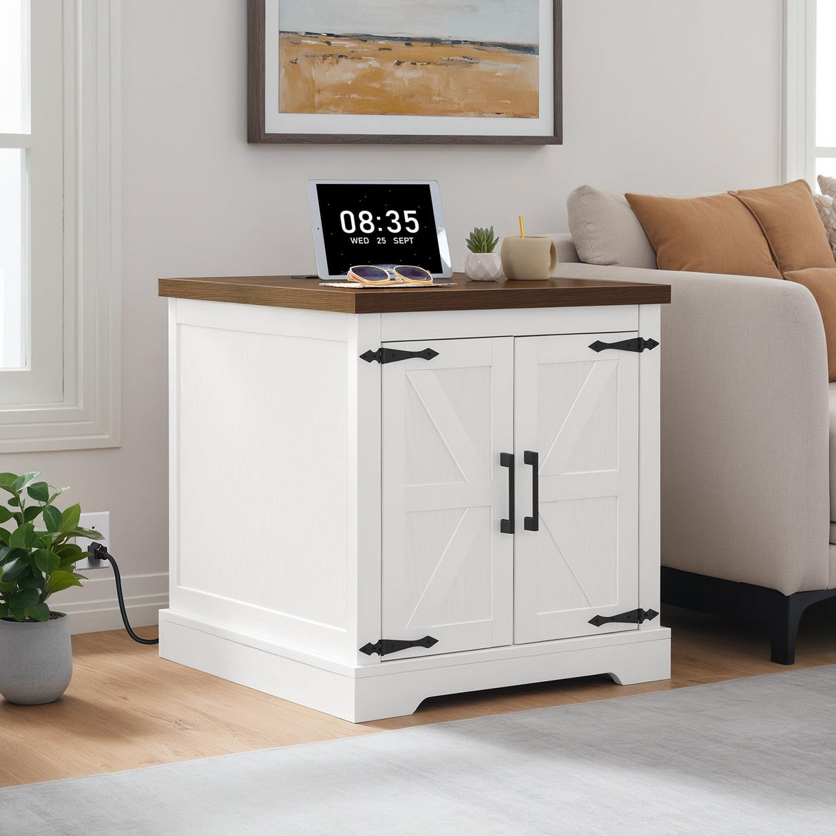 MAHANCRIS Farmhouse Nightstand with Charging Station, 24" Large End Table with Barn Door and Adjustable Storage Shelf, Square White Nightstand, Rustic Bedside Table for Bedroom, Living Room MAHANCRIS