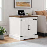 MAHANCRIS Farmhouse Nightstand with Charging Station, 24" Large End Table with Barn Door and Adjustable Storage Shelf, Square White Nightstand, Rustic Bedside Table for Bedroom, Living Room MAHANCRIS