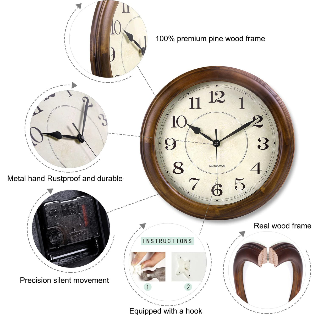 Kesin Wall Clock Wood 14 Inch Silent Wall Clocks Large Decorative Battery Operated Non Ticking Analog Retro Clock for Living Room, Kitchen, Bedroom Kesin