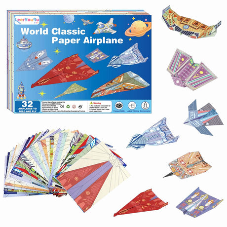 LEERYOUQU Kids Paper Airplane Kit, Creative Paper Airplane Book with 16 Classic Designs & 32 Planes Sheets, Origami Airplanes Kit for Kids Ages 8-12 +(New English Instructions) LEERYOUQU