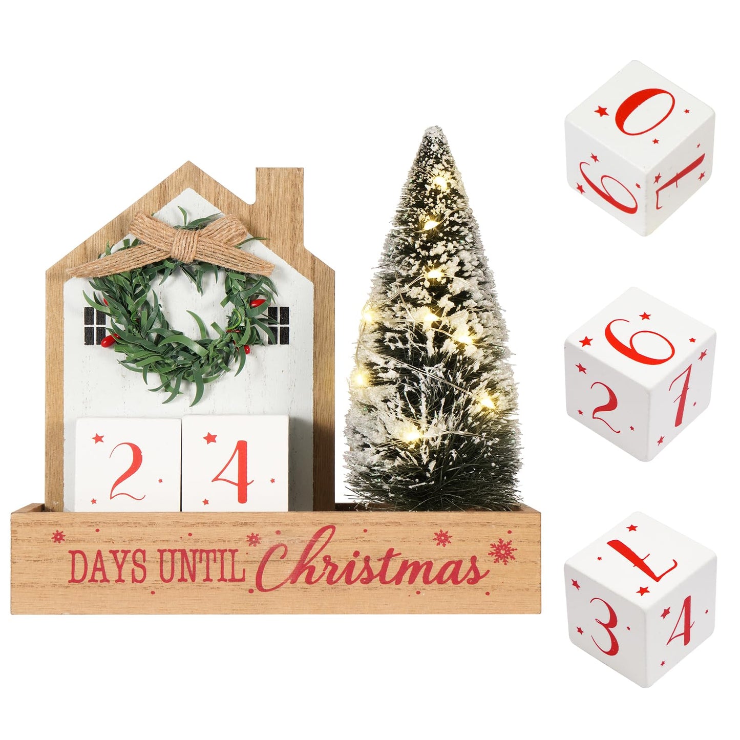 HOMirable Christmas Tree Countdown Block LED Lighted 99 Days Until Christmas Wreath Calendar Tabletop Number Date Rustic Wooden Home Decor Holiday Xmas Ornament Desk Decoration Gift