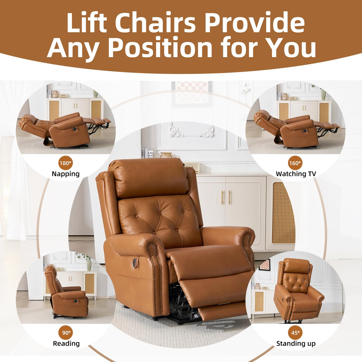 RUTOX Large Power Lift Recliner Chair for Elderly, Lay Flat Lift Chair with Adjustable Headrest, Leather Recliner Lift Chairs with Massage and Heat, Infinite Position,Extended Footrest, Camel RUTOX