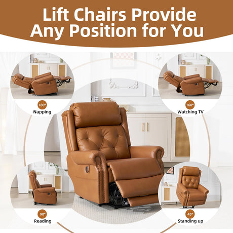 RUTOX Large Power Lift Recliner Chair for Elderly, Lay Flat Lift Chair with Adjustable Headrest, Leather Recliner Lift Chairs with Massage and Heat, Infinite Position,Extended Footrest, Camel RUTOX