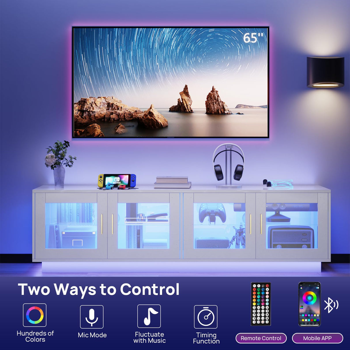 71 Inch TV Stand Modern Entertainment Center with LED Light, Glass Doors and Adjustable Storage Shelves Media Console TV Cabinet for Living Room Bedroom-White wonline