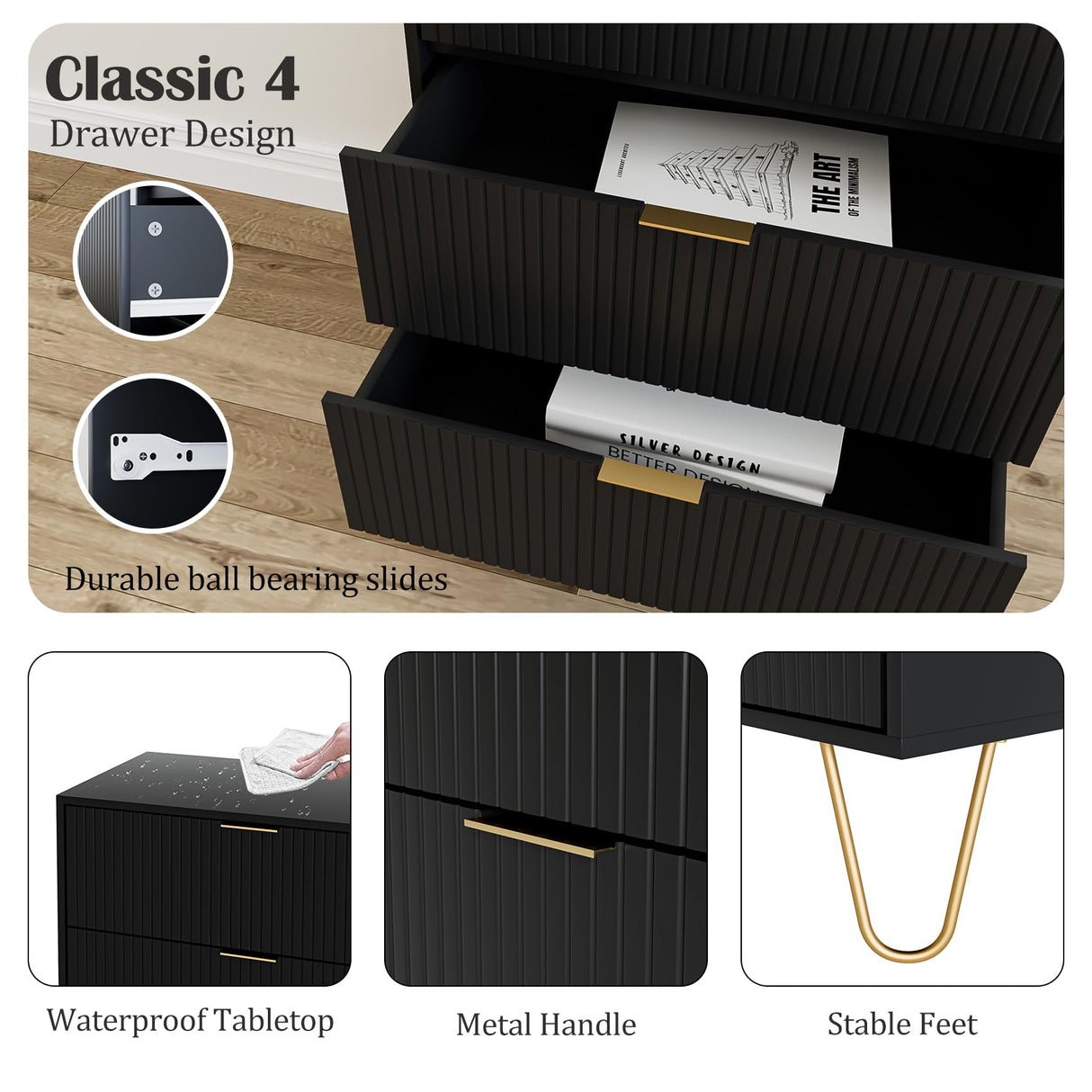 Masupu 4 Drawer Dresser, Drawer Chest, Tall Storage Chest Cabinet Organizer Unit with Metal Legs, Small Dresser for Bedroom, Living Room, Closet, Hallway Black Stripe Masupu