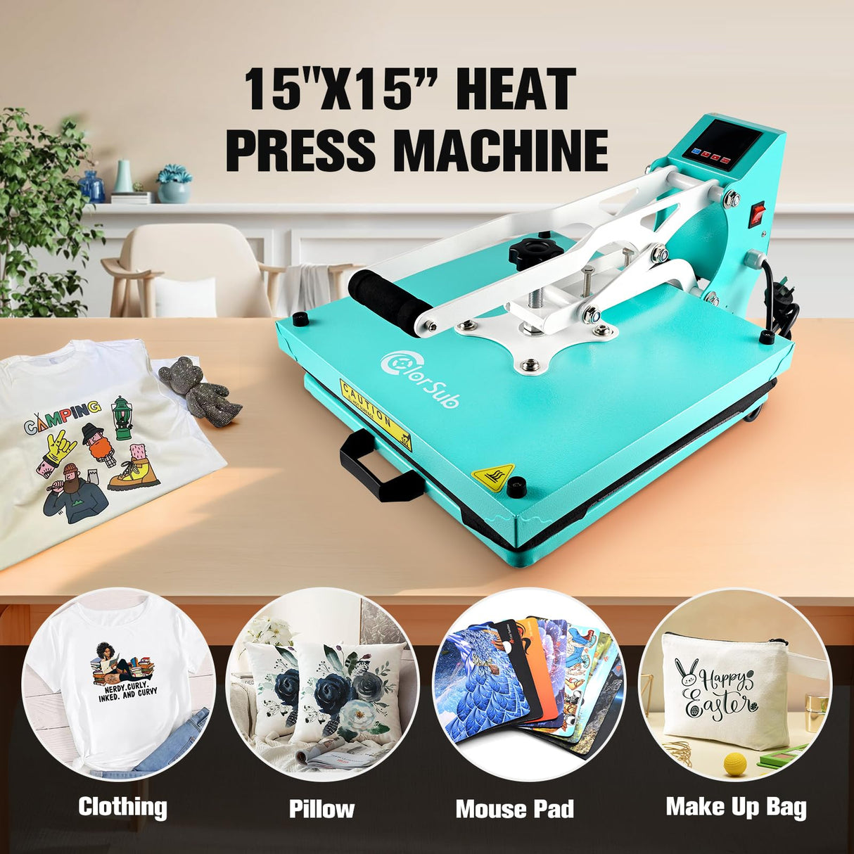 ColorSub Heat Press Machine for T-Shirt 15x15, Digital Industrial Quality Heat Press Machine Clamshell Transfer Sublimation Print Press Machine Teal ColorSub