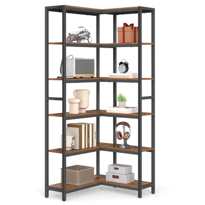 VASAGLE 6 Tier Bookshelf with Metal Frame, Convertible Industrial Corner Shelf, 9.4 x 40.2 x 69 Inches, for Living Room, Bedroom, Home Office, Rustic Brown and Ink Black ULLS606K01