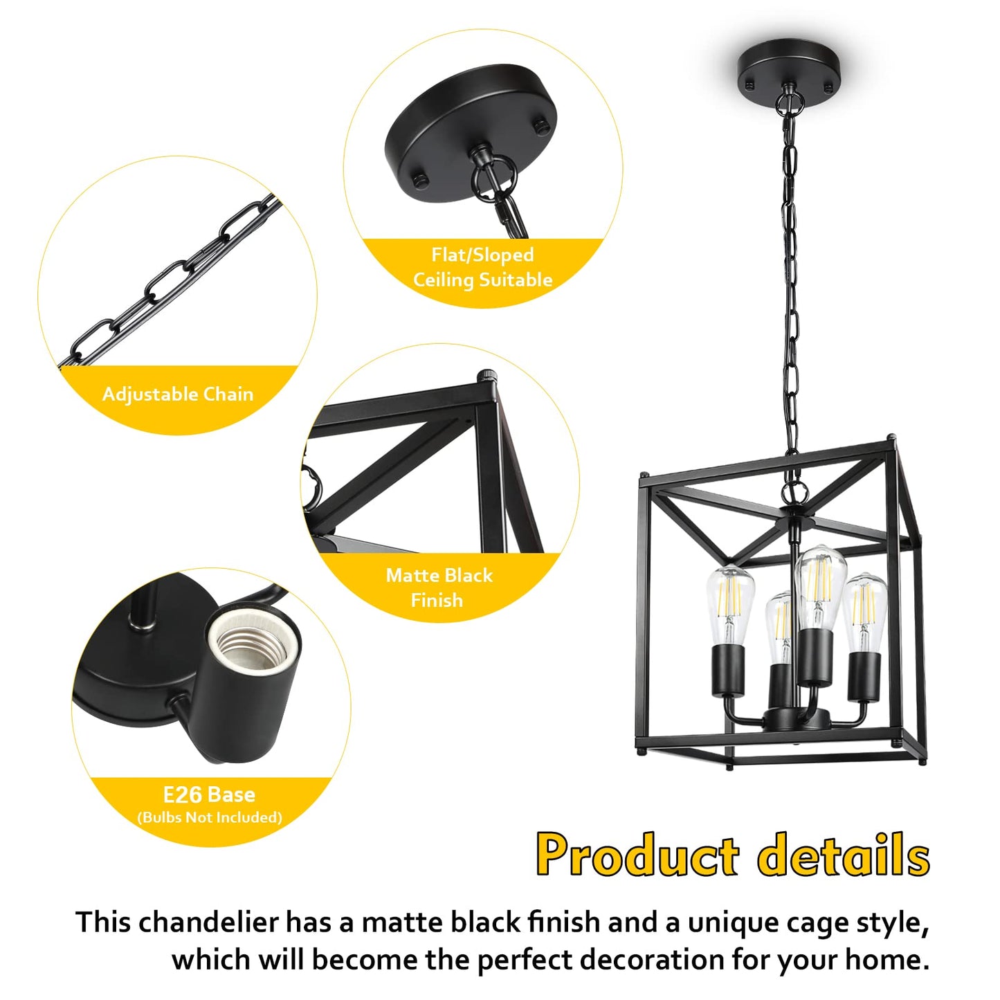 Unicozin 4-Light Black Farmhouse Chandelier, Iron Lantern Pendant Light Rustic Cage Adjustable Height, E26 Base Industrial Hanging Lights for Kitchen Island Dining Room Hallway Foyer Entryway