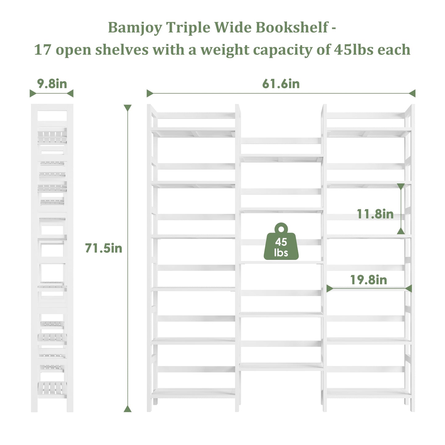 Bamjoy Bamboo Bookshelf, Triple 6-Tier White Bookshelf, Large Bookcase with 17 Open Display Shelves, Tall Book Shelf Storage Rack for Home Office, 71.5” H