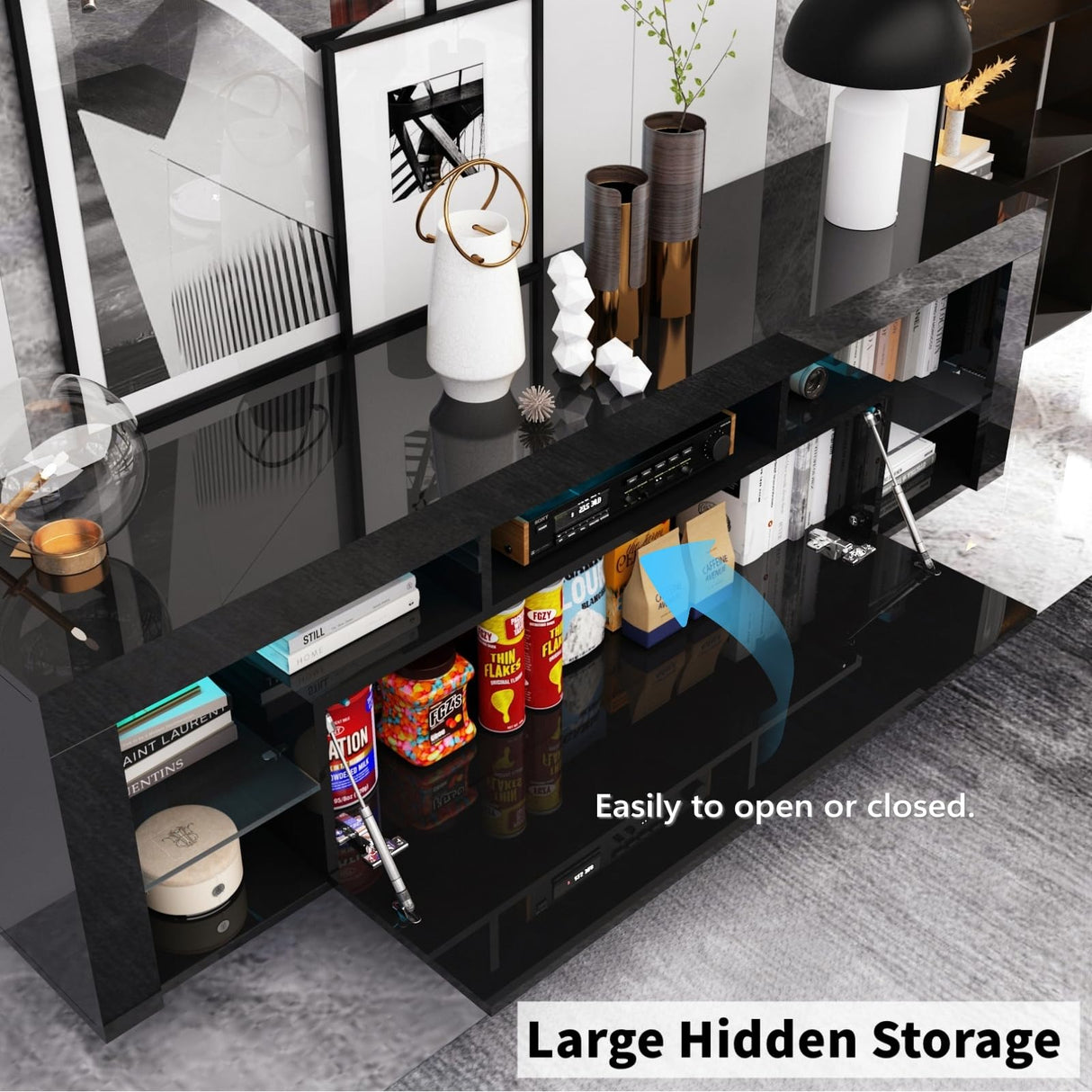 Gitua Floating TV Stand Wall Mounted, High Gloss LED Floating Entertainment Center with Storage&Adjustable Glass Shelf, TV Stand for 65 Inch TV, Gaming Media Center Console Table with Lights, Black Gitua