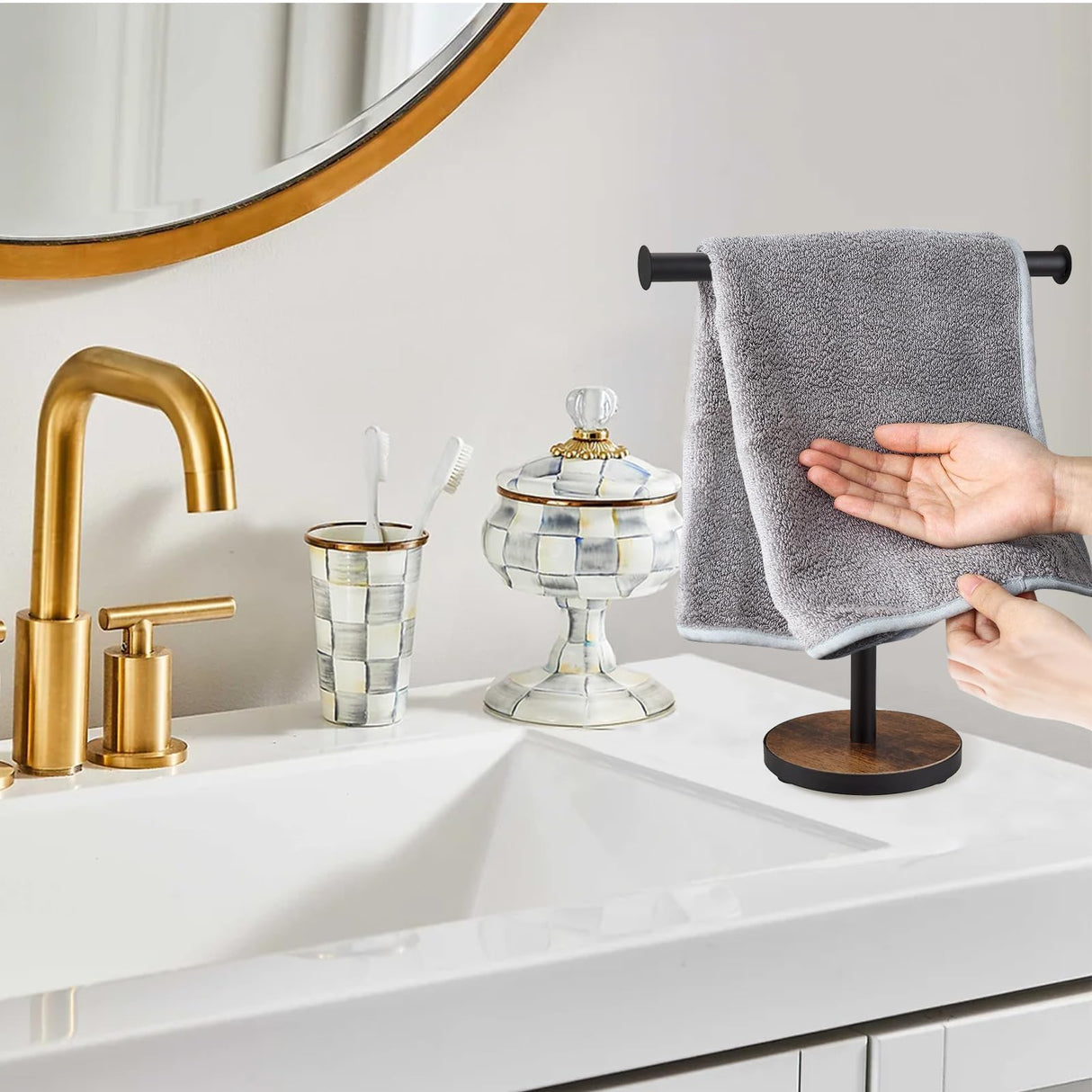 BCOZLUX Towel Holder Stand, Countertop Hand Towel Stand for Bathroom and Kitchen, Free Standing Counter Towel Rack with Weighted Wood Base, Rustic Black and Brown BCOZLUX