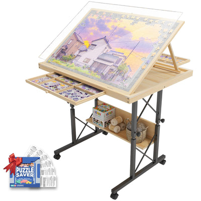 1500 Piece Jigsaw Puzzle Table with Legs for Adults, 5-Tilting-Angle & Height Adjustable Table with Draws, Wooden Puzzle Board with Extended Support Bar & 4 Wheels