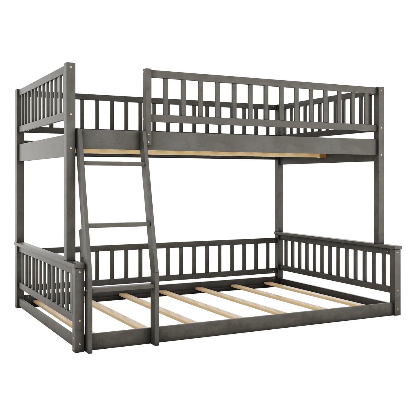 SOFTSEA Full XL Over Queen Bunk Bed, Wood Floor Bunk Bed with Safety Guardrails & Wide Ladder for Kids Teens Adults, Detachable Bunk Bed into 2 Beds, Grey