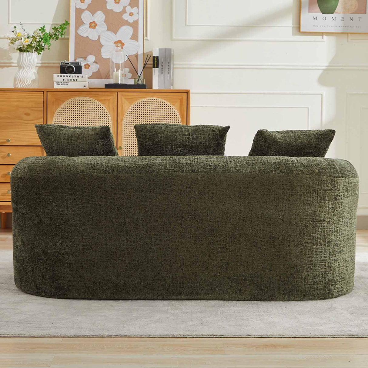 61" Curved Loveseat Sofa with 3 Pillows, Small Boneless Couch in a Box, Chenille Cloud Loveseat for Living Room Bedroom Small Space Apartment, Memory Foam, Modern, No Assembly (Green) Thctvous
