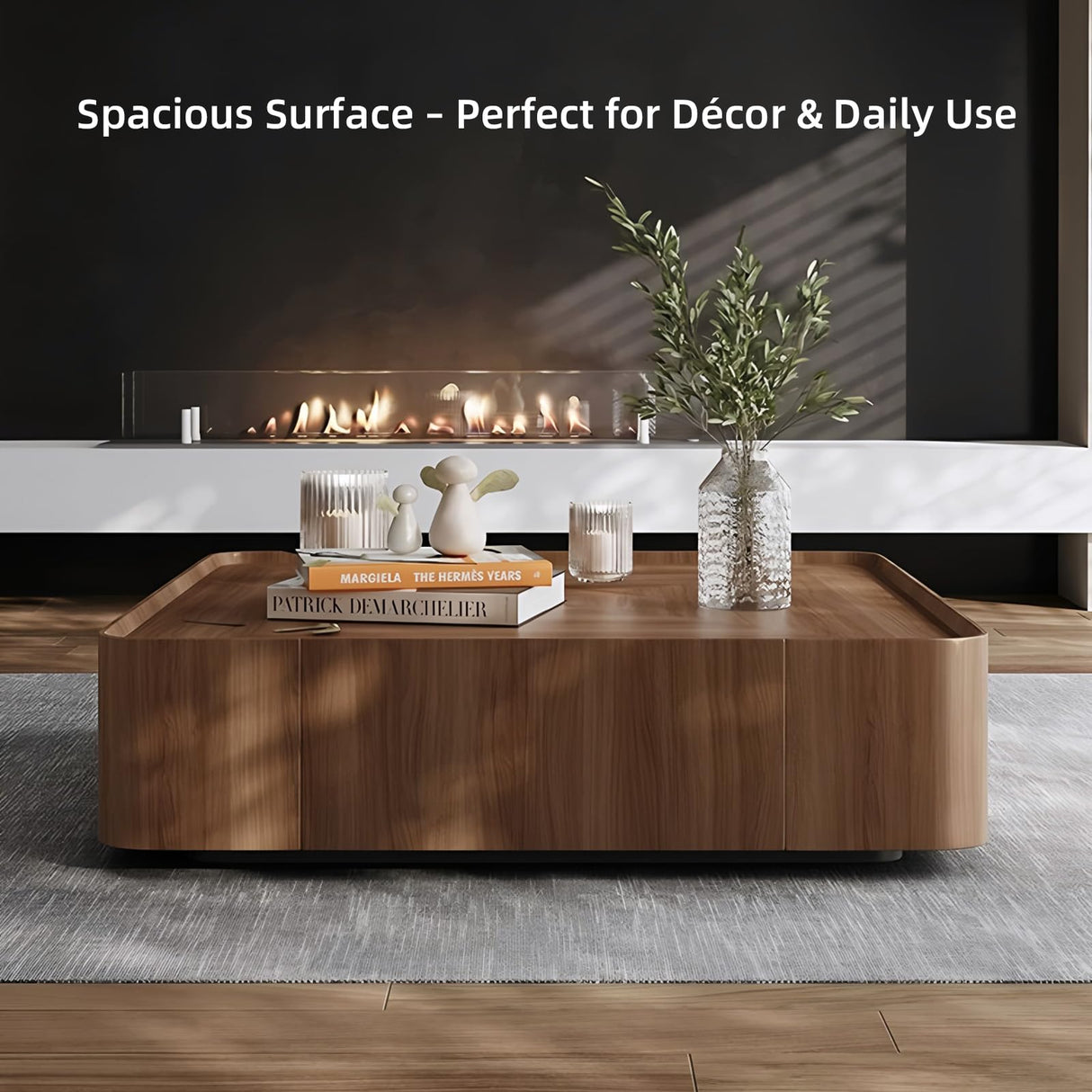 Luxury Walnut Wood Square Coffee Table with Large Hidden Storage, Expandable Tabletop Center Table for Living Room, Modern Accent Table with Drawers (39.37" Walnut Square Coffee Table) WuerQi