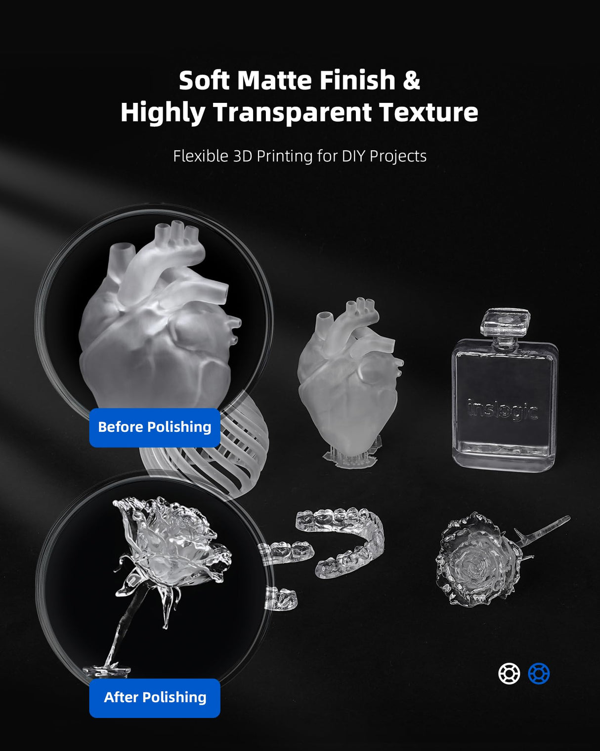 Inslogic Clear 3D Printer Resin, Yellowing & Blue Tint Resistant, Highly Transparent & High Precision & High Stability, 405nm UV-Curing Resin for LCD/DLP/SLA 3D Printing (Clear, 1kg) Inslogic