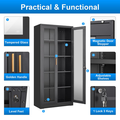 Polup Display Cabinet with Glass Doors, Black Curio Cabinet with Lock, 71“ Tall Display Case for Living Room, Bookcase for Home, Clinic, School (Black)- Assemble Required Polup