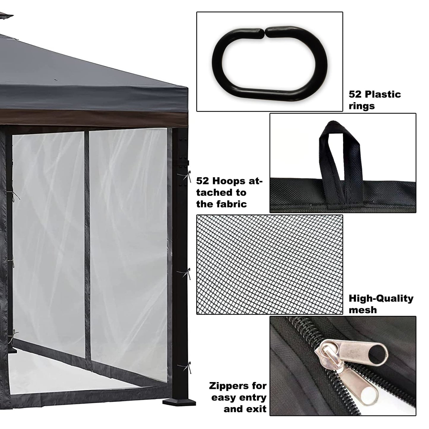 DOOSARG Gazebo Mosquito Netting, 10x10 Canopy Mosquito Netting, Black Universal Replacement Mosquito Netting Screen Walls, (Mosquito Net Only)