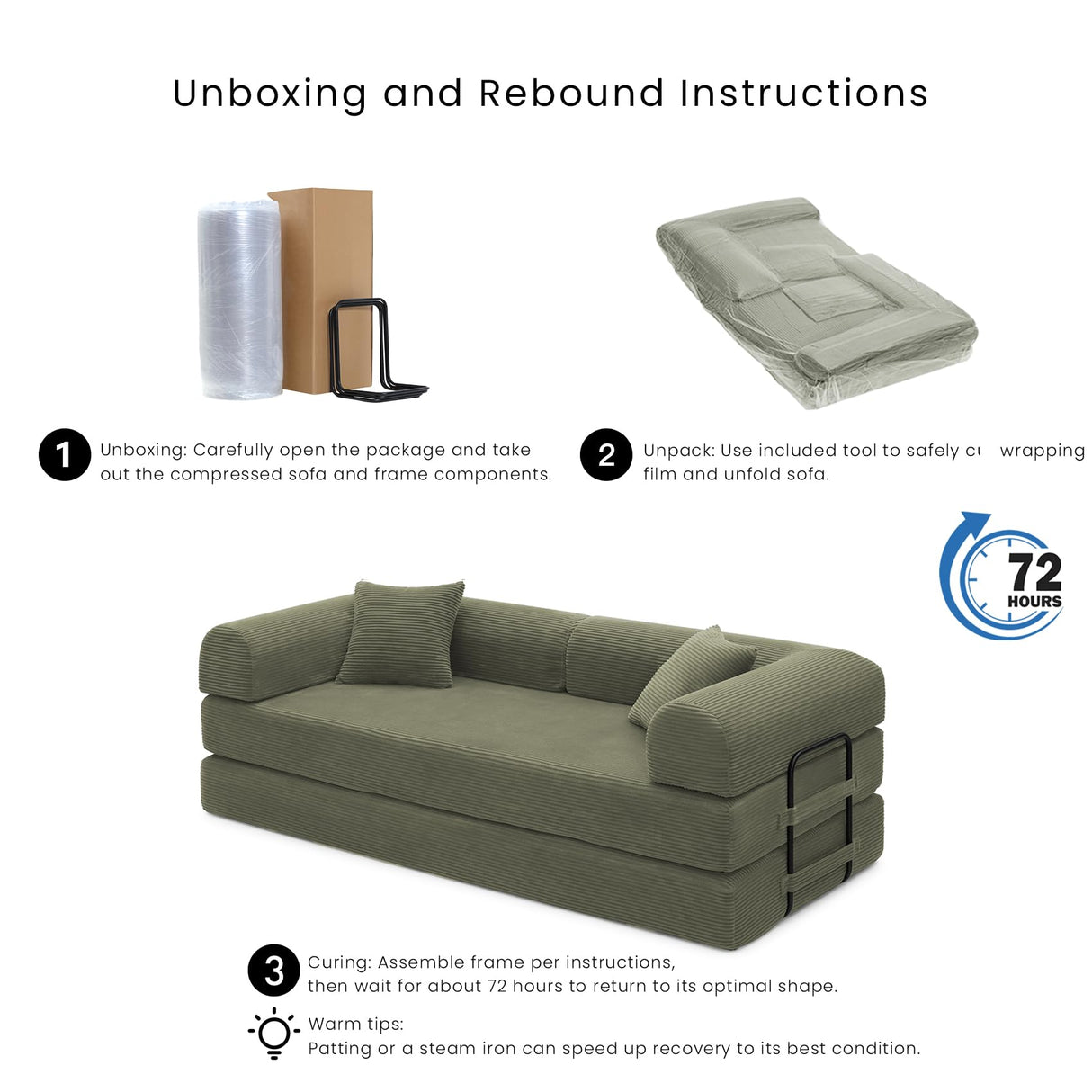 KSTNLUXQ Compression Sofa - 79'' Convertible Sofa Bed, Boneless Couch in a Box, Modular Corduroy Foldable Sleeper Sofa with 2 Pillows, Loveseat Couches for Living Room (Corduroy Fabric, Green) KSTNLUXQ