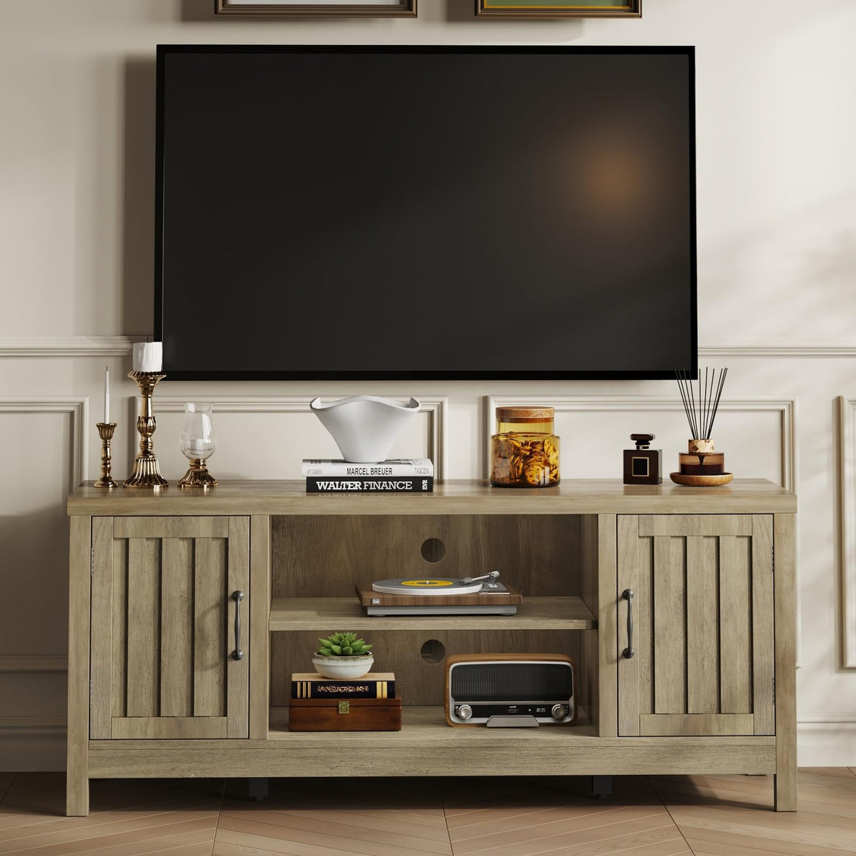 ChooChoo Farmhouse TV Stand, Wood Fluted Door Entertainment Center with Storage Cabinets and Open Shelves, Rustic Media Console up to 55 inches for Living Room, Bedroom, Grey Wash ChooChoo