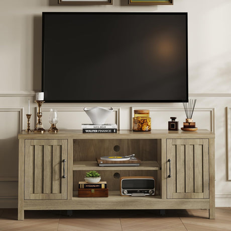 ChooChoo Farmhouse TV Stand, Wood Fluted Door Entertainment Center with Storage Cabinets and Open Shelves, Rustic Media Console up to 55 inches for Living Room, Bedroom, Grey Wash ChooChoo
