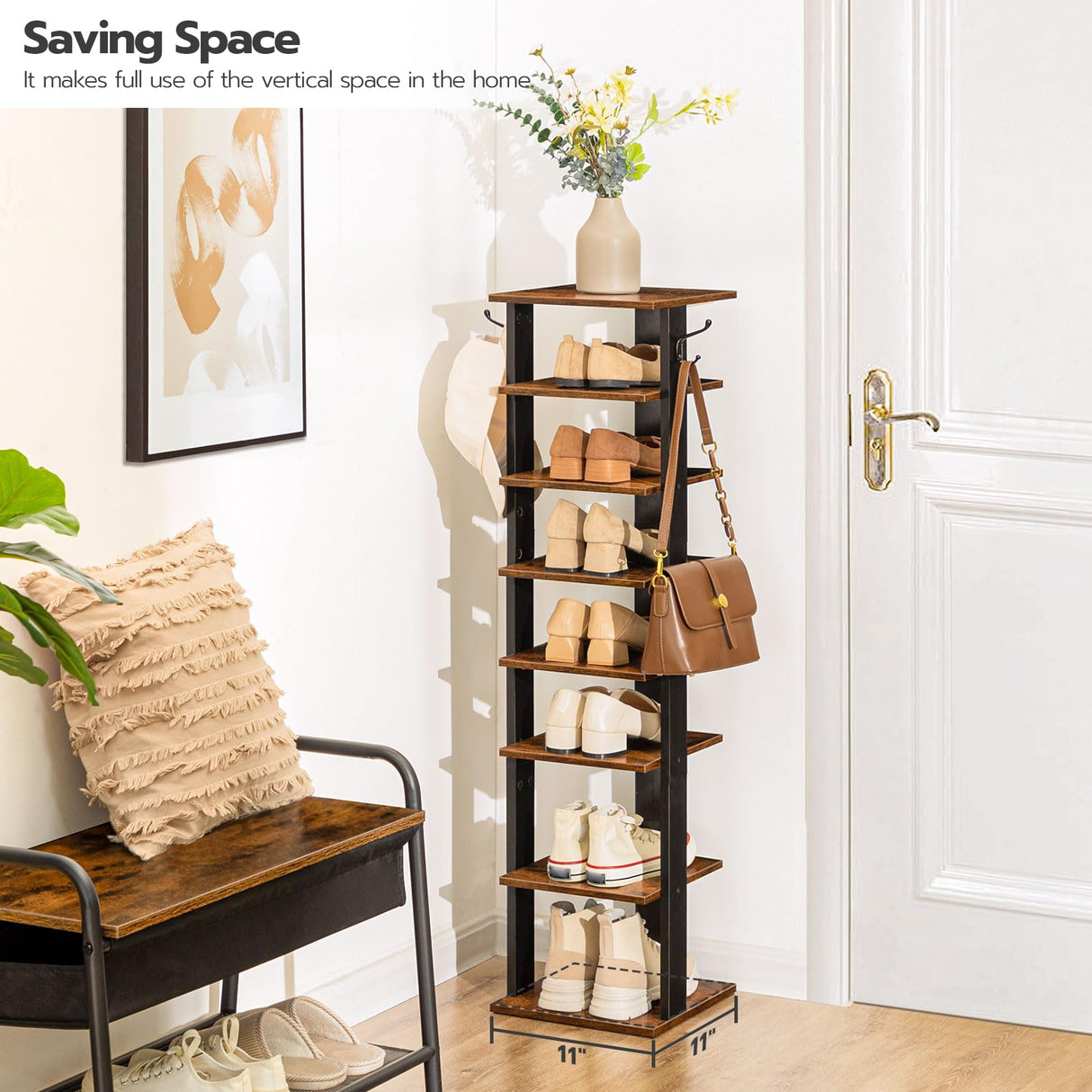 HOOBRO Vertical Shoe Rack, 8 Tier Wooden Shoe Storage Organizer with Hooks, Narrow Shoe Tower for 8 Pairs, Space Saving, for Entryway, Living Room, Bedroom, Rustic Brown BF07XJ01G1 HOOBRO