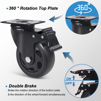 5 Inch Swivel Caster Wheels Set of 4, Heavy Duty Casters with Brake, Polyurethane Locking Casters for Cart, Workbench and Trolley-Load 2200lbs, Black(Two Hardware Kits)