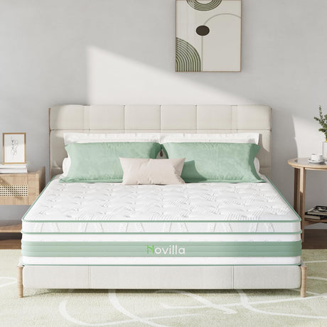 Novilla King Mattress, 12 Inch Hybrid Mattress in a Box, High Density Base Foam with Pocket Coils for a Cozy Sleep, Pain Relief, Medium Firm King Size Mattress, Pillow Top Mattress, Motion Isolation Novilla