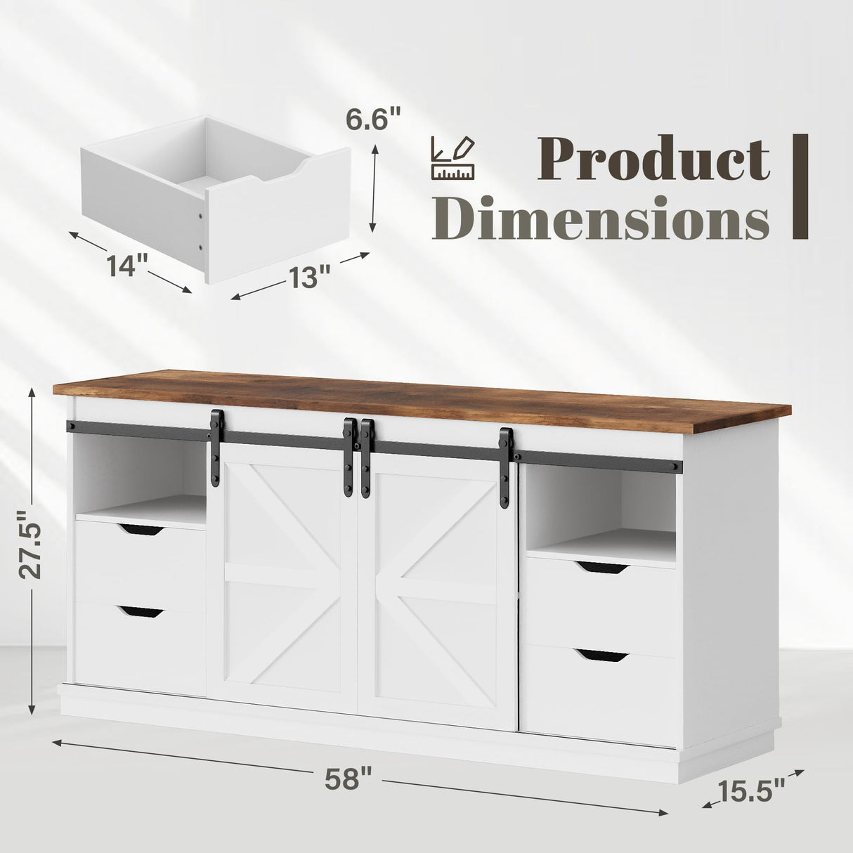 YESHOMY TV Stand for Televisions up to 65 Inchs, with Sliding Barn Doors and 4 Storage Drawers, Console Table and Media Furniture for Living Room, 58 Inch, Milk White YESHOMY