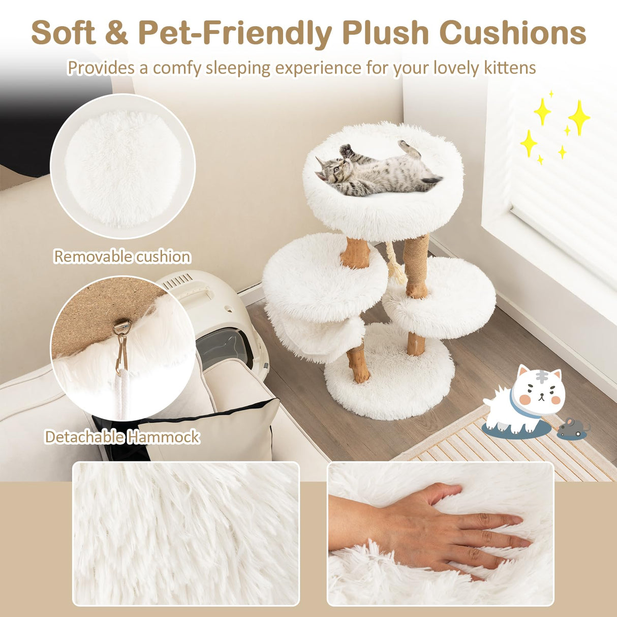 PETSITE 34 inch Wooden Cat Tree, Solid Wood Modern Cat Tower with Jute Scratching Posts, Sisal Rope, Cozy Top Perch and Hammock, Soft Long Plush Pear Wood Cute Cat Tree for Indoor Cats Large PETSITE