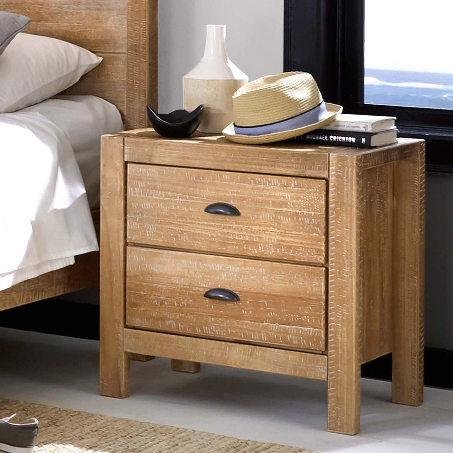 Grain Wood Furniture Montauk 2-Drawer Bedside Nightstand, Solid Wood with Driftwood Finish - WoodArtSupply