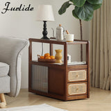 Furlide Rattan Side Table with Storage, Bamboo Nightstand Bedside Table, Glass Mid Century Modern End Tables for Small Spaces, Living Room, Bedroom，Walnut Furlide