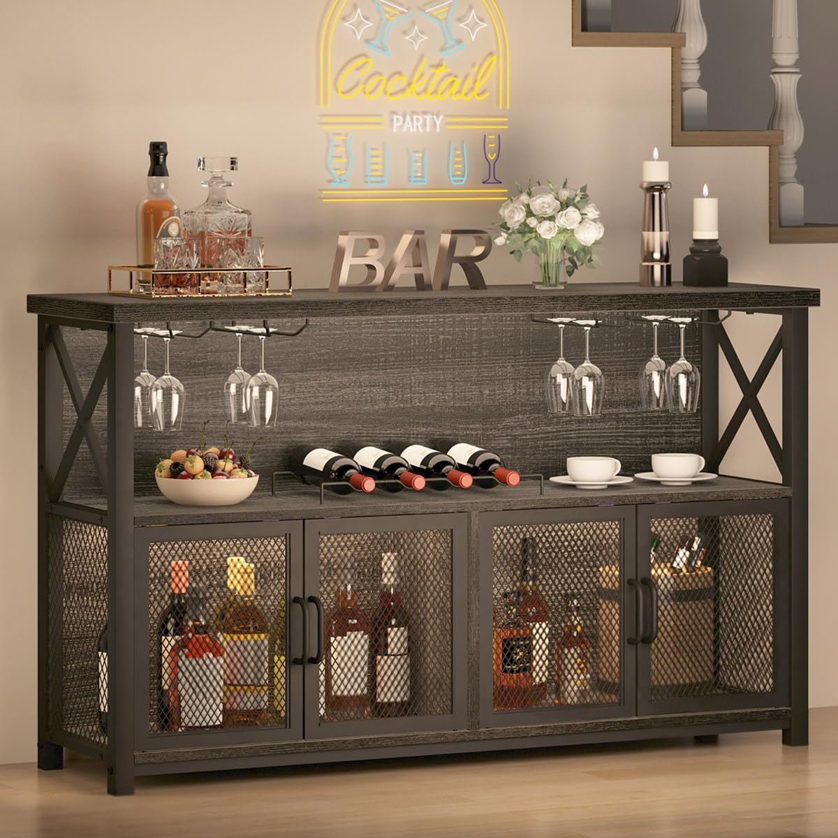 LVB Wine Bar Cabinet, Industrial Coffee Bar Cabinet for Liquor and Glasses, Modern Sideboard Buffet with Storage Rack, Rustic Liquor Home Bar for Kitchen Dining Living Room, Dark Gray Oak, 47 Inch