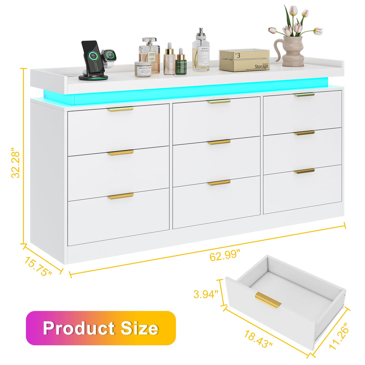 9 Drawer Dresser for Bedroom, White Dresser with LED Lights and Charging Station, Modern Chest of Drawer, Wood Triple Wide Drawer Organizer Cabinet for Bedroom, Living Room, Entryway, Hallway knoworld