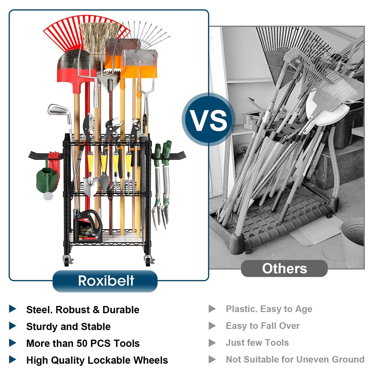 Roxibelt T1 Garden Tool Organizer（With Lockable Wheels）Heavy Duty Garage Tool Storage for Yard，Shed，Outdoor and Lawn，Freestanding Tool Organizers and Storage UP to 50 Tools，Black with Anti-Tip Device