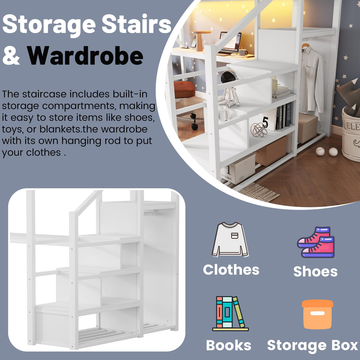 MoproBeti Queen Loft Bed with Desk and Stairs, Metal Lofts Bed Queen Size with Upper Storage Shelf, Gaming LoftBed with LED, Charging Station and Wardrobe for Teens, Adults,White MoproBeti