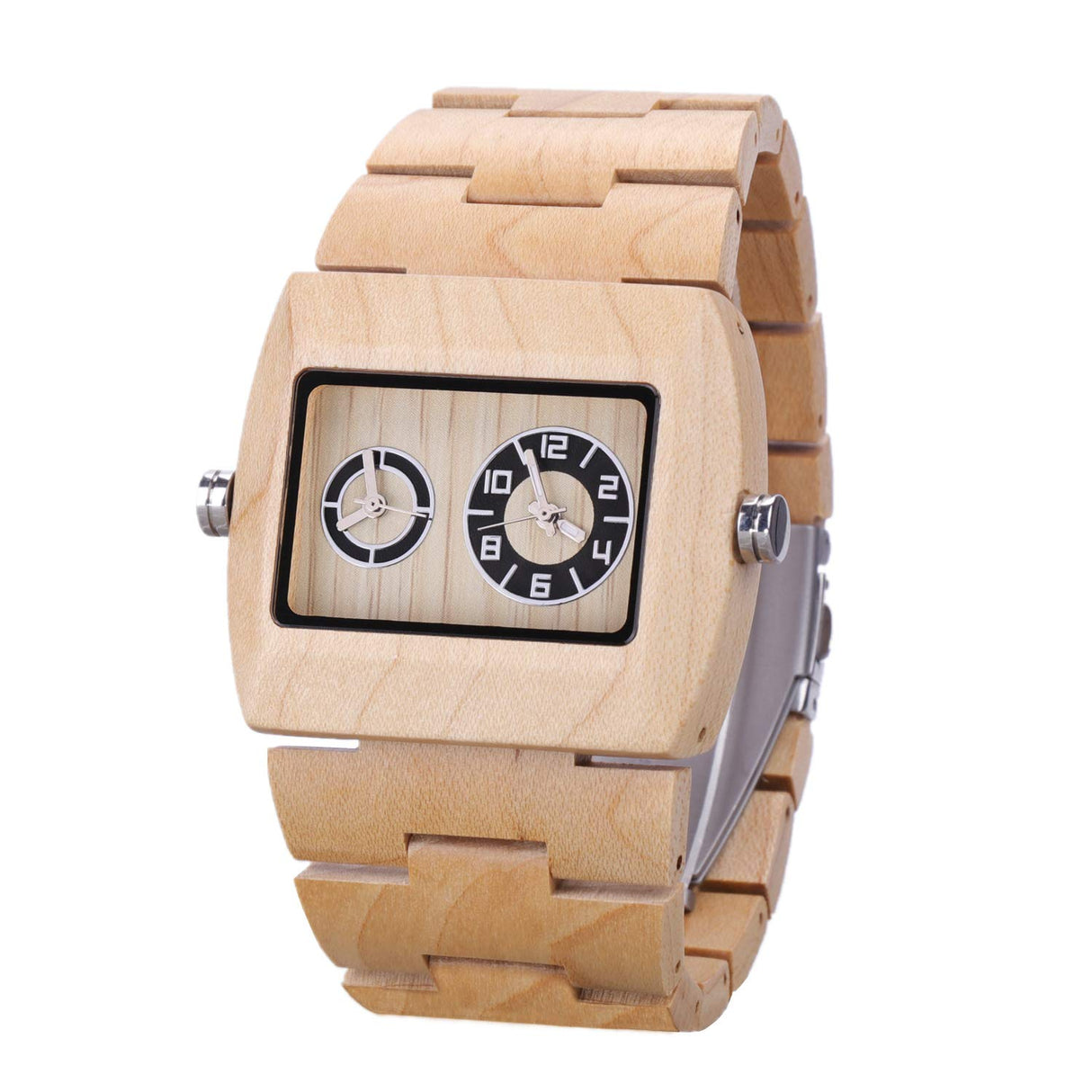BEWELL Wooden Watch, Square Dial Dual Time Display Quartz Wood Watches for Men BEWELL