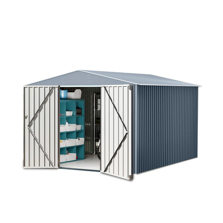 10x10FT Outdoor Metal Storage Shed, Lockable Weatherproof Garden Shed for Tools & Equipment, Durable Galvanized Steel with Sloping Roof & Ventilation, Ideal for Backyard, Patio & Garage Storage, Grey BouPower