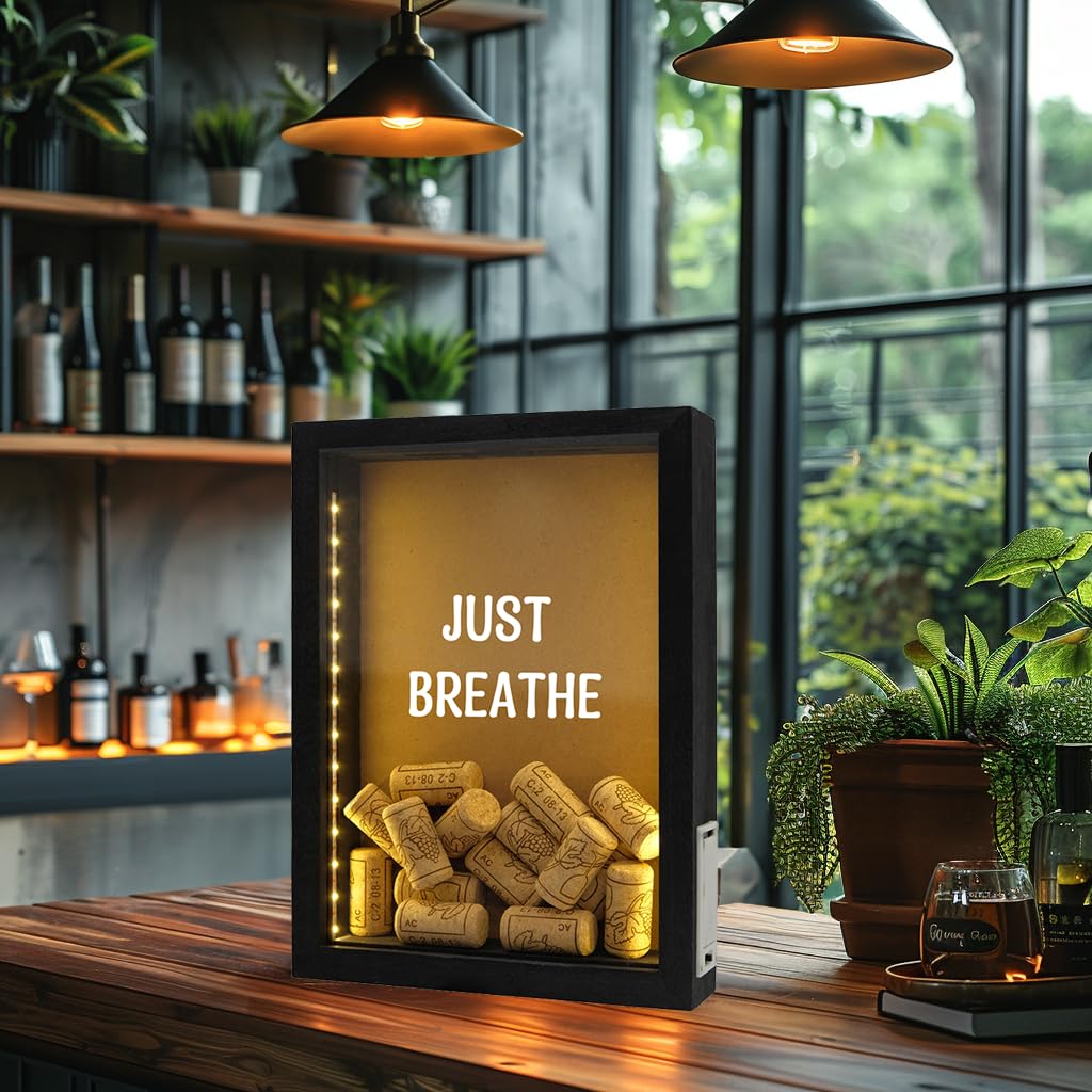 hvfun 8"X11" Rustic Black Wood Shadow Box with Lights,LED-lit Display case for Wine Corks, Tickets, and Creative Exhibits,Artistic Presentations hvfun