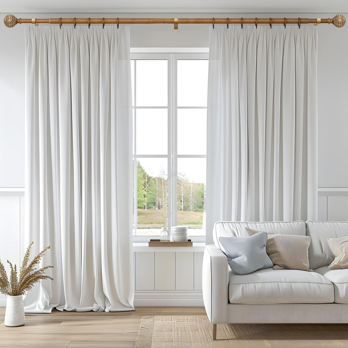 QDWIS Wood Curtain Rods for Windows 48 to 84 Inch(4-7ft),1'' Diameter Drapery Rods with Imitation Wood Grain Leaf Pattern Finials,Boho Adjustable Heavy Duty Curtain Rods Set,36-88'' QDWIS