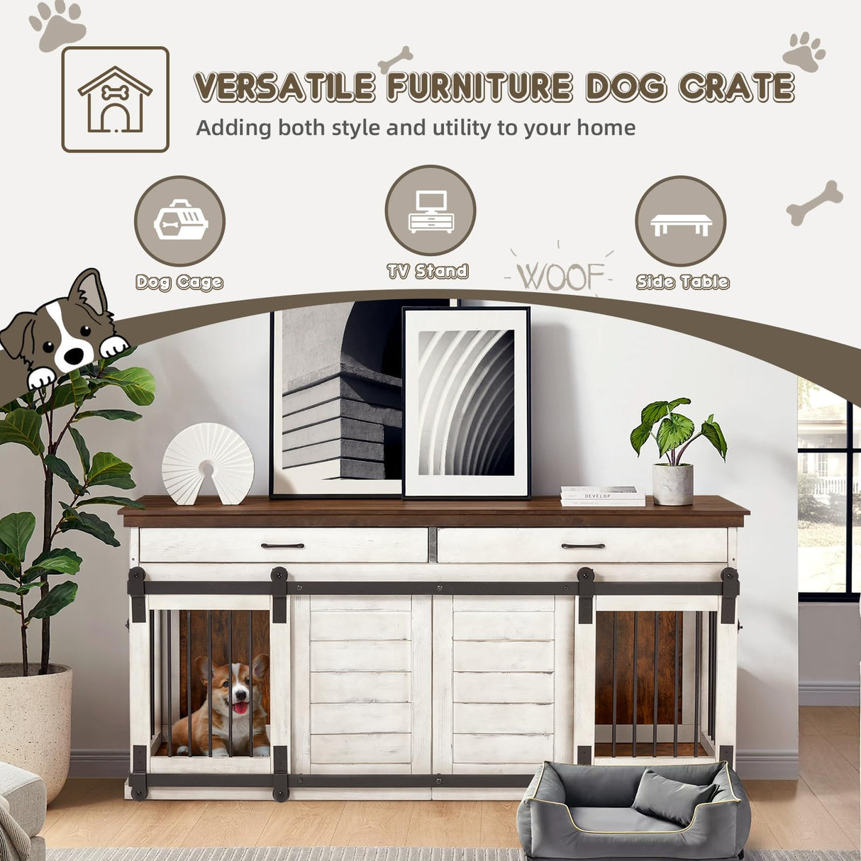 Erinnyees Solid Wood Dog Crate Furniture, 72.4" Wooden Indoor Dog Kennel Furniture for Large Dogs, Heavy Duty Dog Crates with Divider, Indoor Dog Cage Furniture TV Stand with Sliding Doors and Drawers Erinnyees