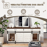 Erinnyees Solid Wood Dog Crate Furniture, 72.4" Wooden Indoor Dog Kennel Furniture for Large Dogs, Heavy Duty Dog Crates with Divider, Indoor Dog Cage Furniture TV Stand with Sliding Doors and Drawers Erinnyees